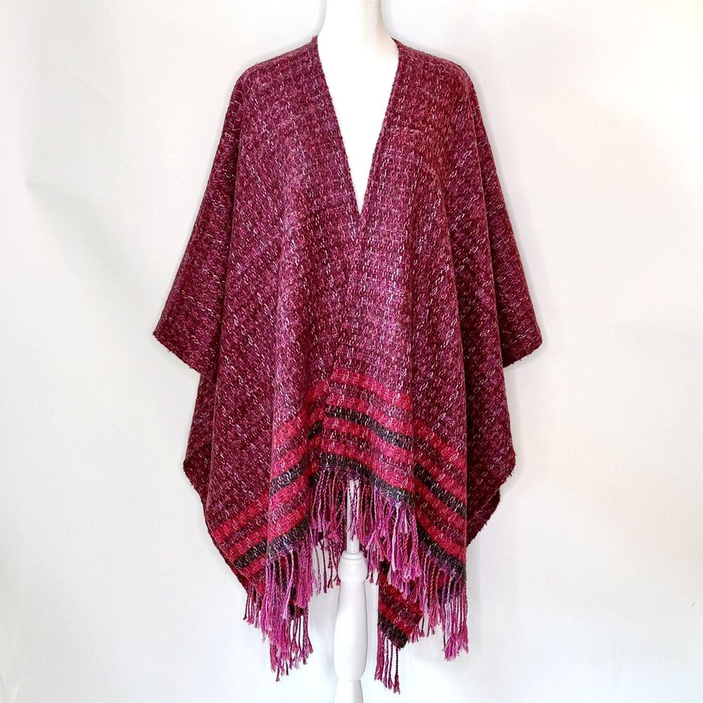 Vintage DESCOURS Paris Woven Shawl Wrap Cape OS Mohair Wool Blend Fuschia Pink